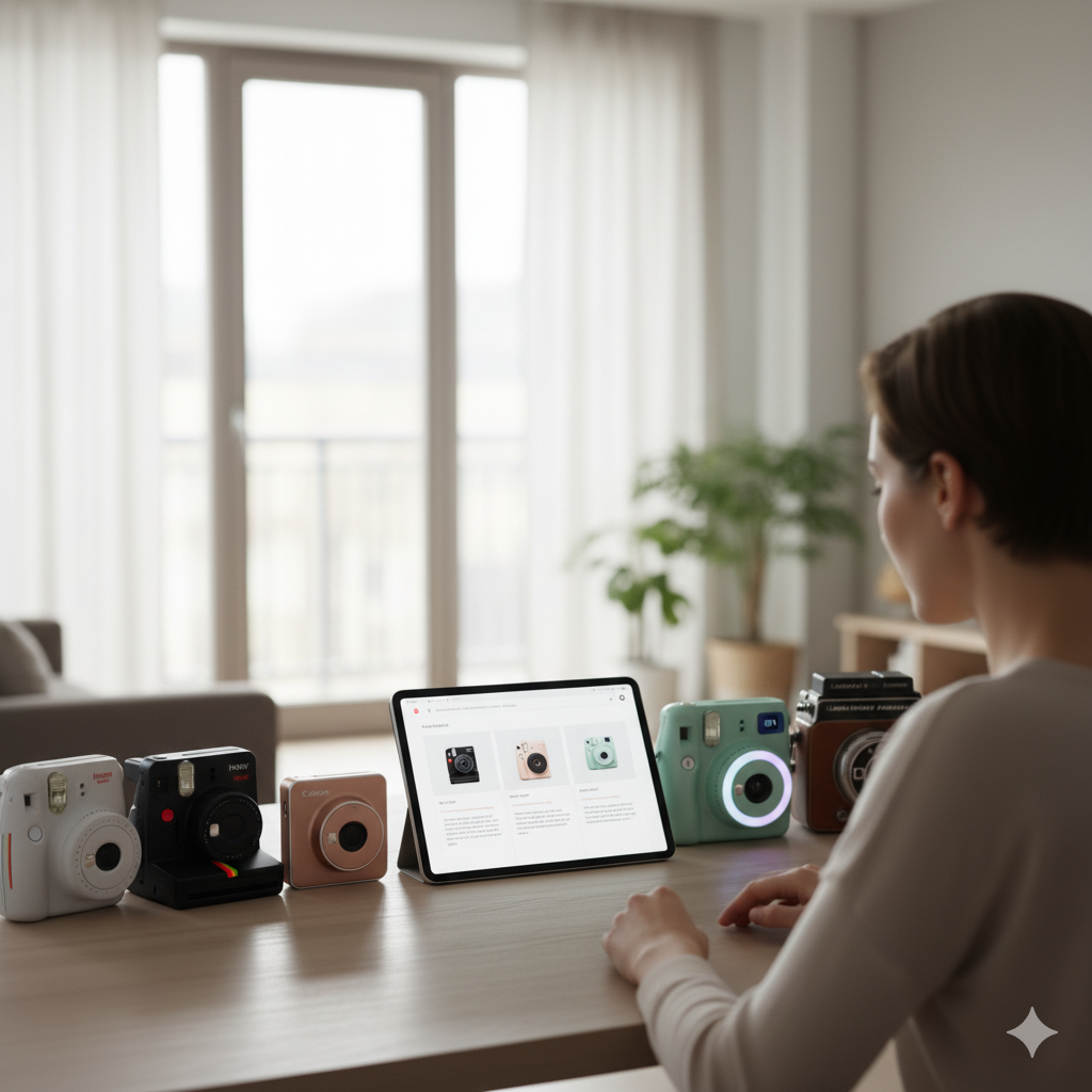 Vergleichen von Sofortbildkameras, mehrere auf einem Tisch, Frau sitzt davor und recherchiert am Tablet