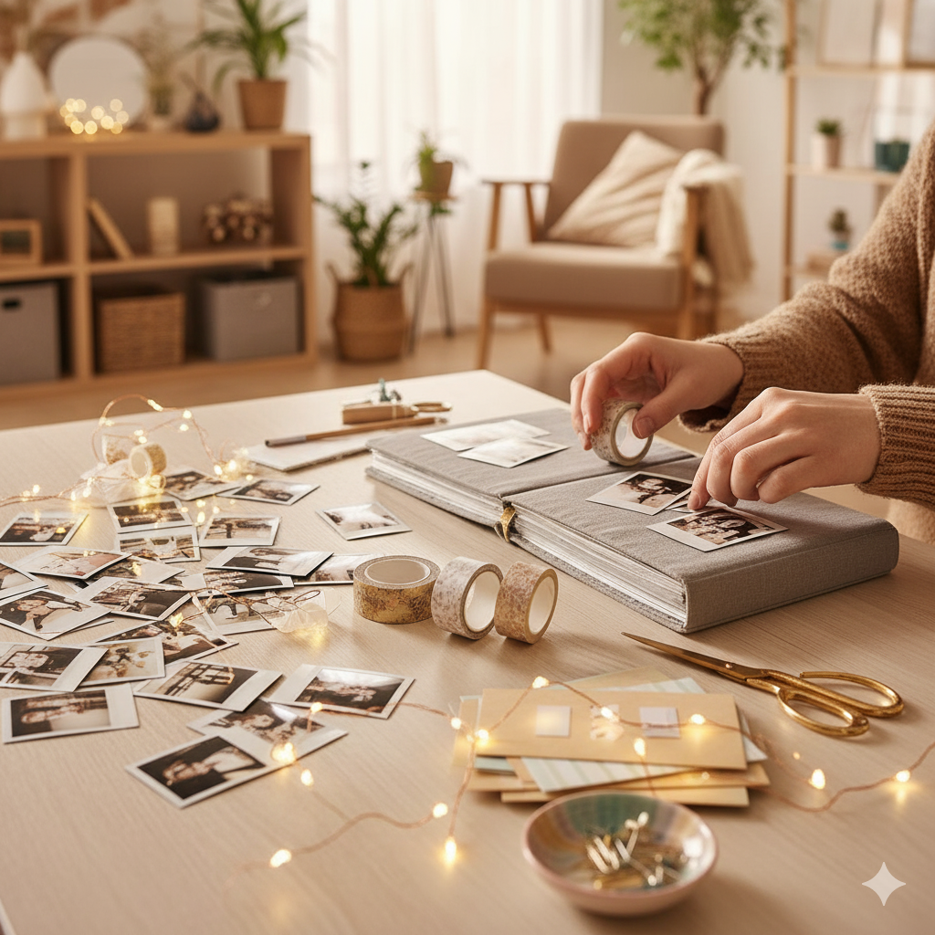 Kreative Ideen für Projekte mit Sofortbildkameras, Frau sitzt am Tisch und bastelt ein Album mit Sofortbildern.